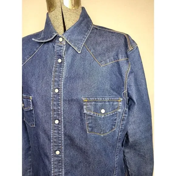 Levi's Western Pearl Snap Button Up Shirt‎ Womens Large L Dark Wash Denim - Picture 3 of 16
